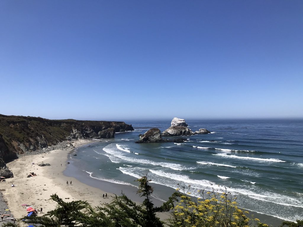 Sand Dollar Beach in full sun — the biggest sand on the Big Sur coast, with Plaskett Rock standing guard offshore.